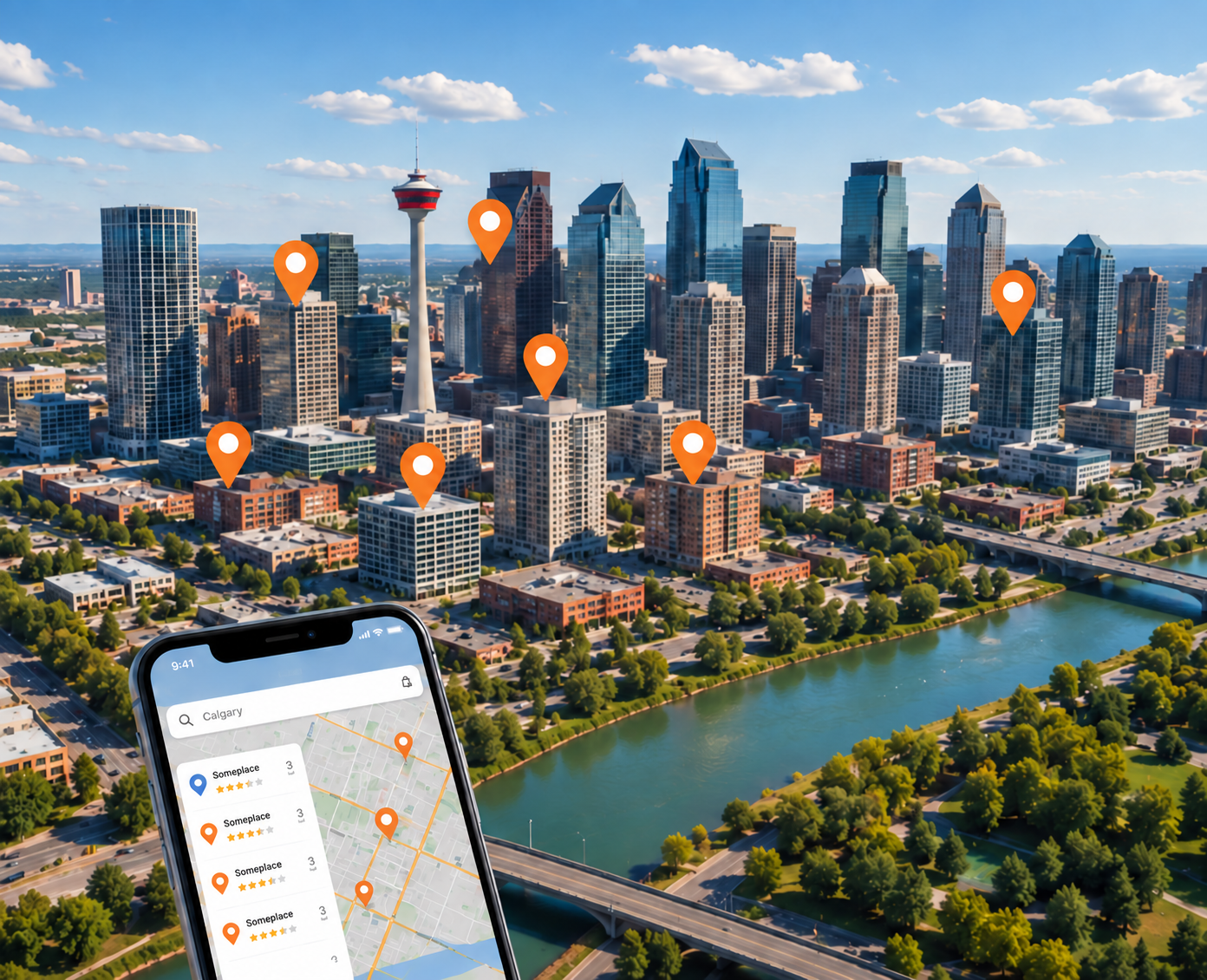 Calgary skyline with map pins and a smartphone showing local business listings